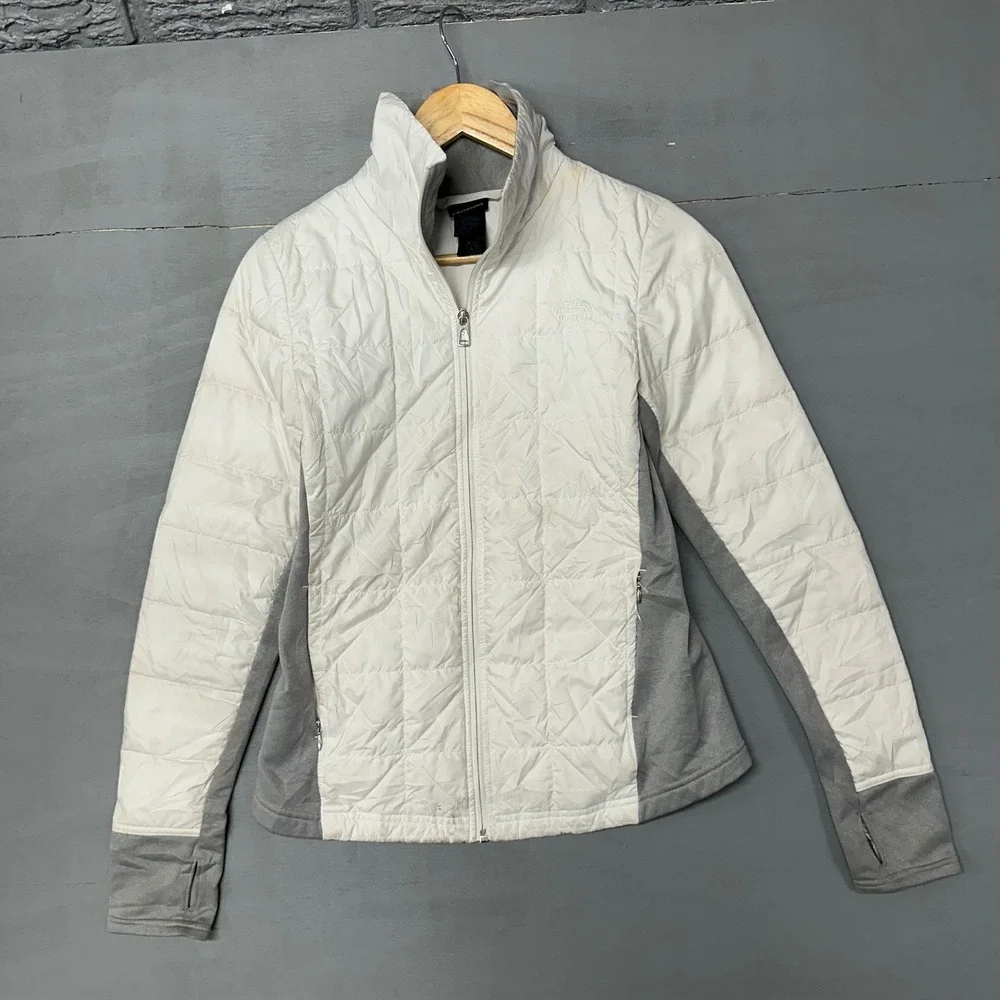 The‎ North Face Womens Small White Grey Quilted Hybrid Fleece Full Zip Jacket